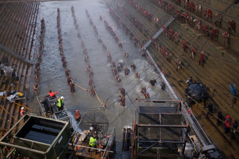 Cold water and an epic scale made shooting the shipyard scene difficult.